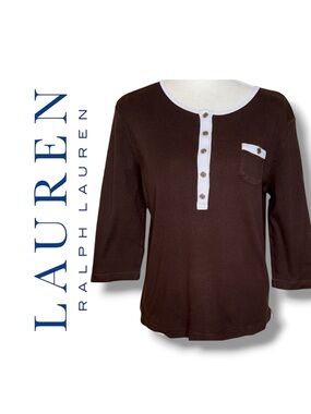 Lauren Ralph Lauren Brown Henley Shirt with White Trim Silver Logo Buttons